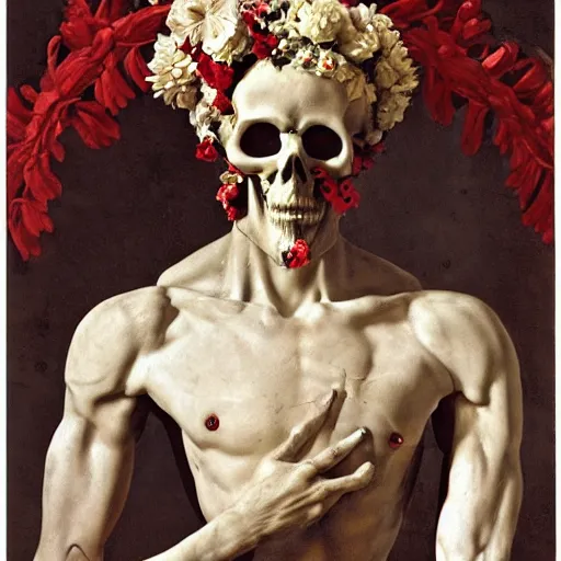 Image similar to a man in the form of a Greek sculpture with a mask in the form of a skull and wreath of flowers skulls in hands dressed in a biomechanical dress, red white and gold color scheme, baroque, by Michelangelo