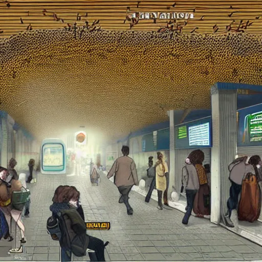 Image similar to a subway station overrun by bees, trending on art station