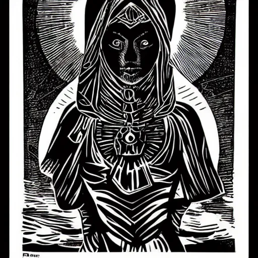 Prompt: a black ink on paper linocut print of a beautiful alien priestess by Vladimir Zimakov. Epic fantasy art.