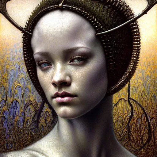 Image similar to detailed realistic beautiful young medieval alien robot rihanna face portrait by jean delville, gustave dore and marco mazzoni, art nouveau, symbolist, visionary, gothic, pre - raphaelite. horizontal symmetry by zdzisław beksinski, iris van herpen, raymond swanland and alphonse mucha. highly detailed, hyper - real, beautiful, fractal baroque