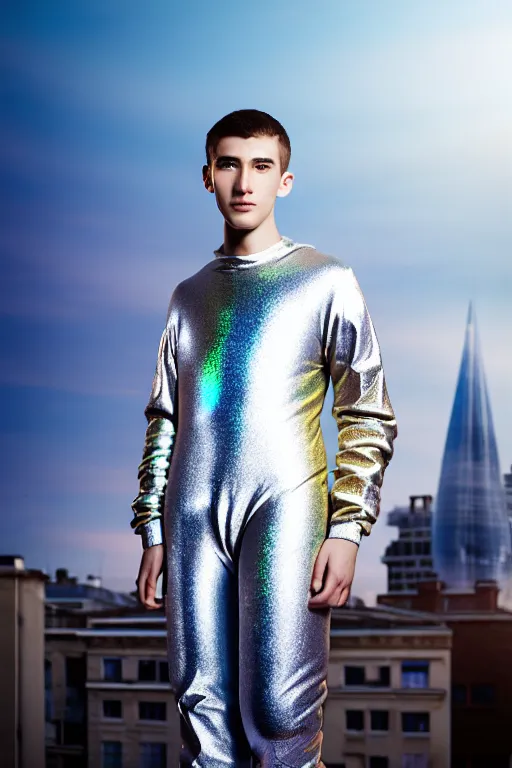 Image similar to un ultra high definition studio quality photographic art portrait of a young man standing on the rooftop of a british apartment building wearing soft baggy inflatable padded silver iridescent pearlescent clothing. three point light. extremely detailed. golden ratio, ray tracing, volumetric light, shallow depth of field. set dressed.