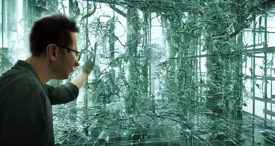 Prompt: a 1 8 mm photo realistic render of a scientist looking at a metal wall of green transparent biomechanical pods with different species of creatures inside, 4 k, unreal engine, concept art, matte painting, cosmic horror, nightmare,