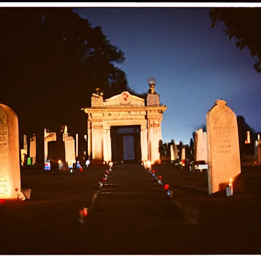 Image similar to film photography film photography of a cemetery, Panteón de Dolores, Mexico City, at night, lit with candles, Leica M6, cinestill 800, Noctilux 50mm