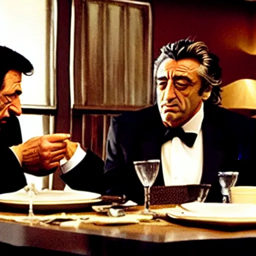 Image similar to movie still of the dinner scene in Heat, rendering of al pacino and robert de niro as old men, cinematic,