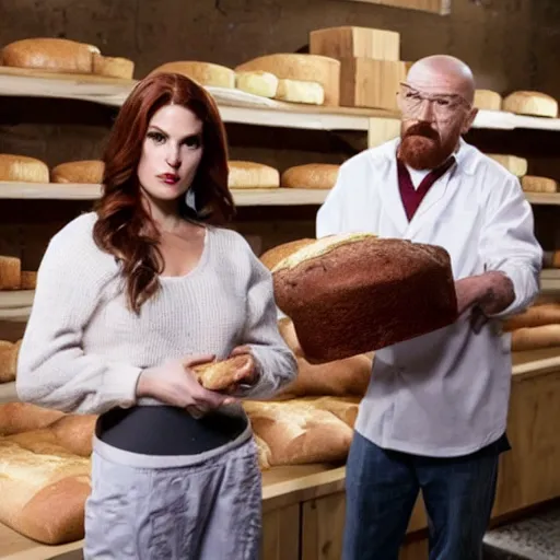 Prompt: alexandria dadario and walter white bake bread