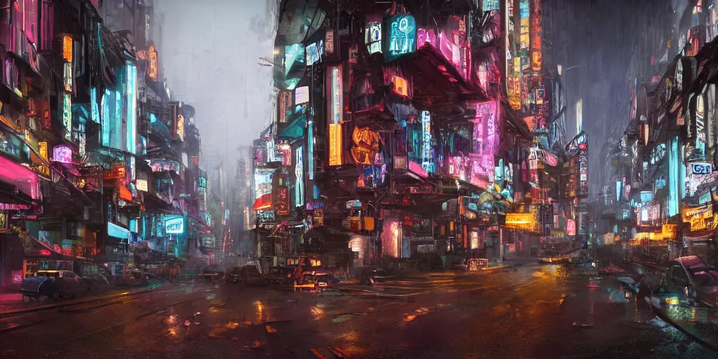 Image similar to a guatemalan solitary cyberpunk city with neon ads and signs with evocative dramatic mood with blade runner vibe with cars and floating vehicles with motion blur with depth of field with bloom with lightshaft with volumetric lights, fog, by jeremy mann, oscar winning graphics, photo realistic, bloom, imax, dynamic lighting, artstation,