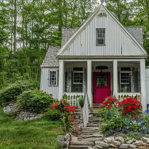 Image similar to a cute and quaint cobblestone cottage in the foothills of the blue ridge mountains with a lush vegetable garden in the front yard