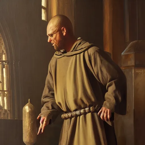 Prompt: medieval monk maintaining an enormous, complex, mechanical clock, oil painting, warm lighting, photorealistic, trending on artstation