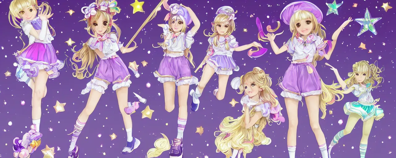 Image similar to A character sheet of full body cute magical girls with short blond hair wearing an oversized purple Beret, Purple overall shorts, Short Puffy pants made of silk, pointy jester shoes, a big billowy scarf, and white leggings. Rainbow accessories all over. Flowing fabric. Golden Ribbon. Covered in stars. Fancy Dress. Jasmine Pants. Lolita Dress. Short Hair. Art by william-adolphe bouguereau and Paul Delaroche and Alexandre Cabanel and Lawrence Alma-Tadema and WLOP and Artgerm. Fashion Photography. Decora Fashion. harajuku street fashion. Kawaii Design. Intricate, elegant, Highly Detailed. Smooth, Sharp Focus, Illustration Photo real. realistic. Hyper Realistic. Sunlit. Moonlight. Dreamlike. Fantasy Concept Art. Surrounded by clouds. Artist Clothes. Painter Clothes. Dreamer. 4K. UHD. Denoise.