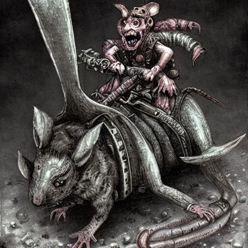 Prompt: a necromancer riding a rat, doom, horror scenery, by Keith Thompson