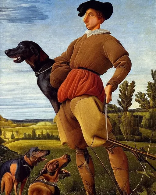 Prompt: beautiful medium - shot, oil on canvas, young man in hunting clothes of 1 7 th century with a greyhound!! dog, autumn field, cinematic lighting, highly detailed, digital art, renaissance painting, by botticelli, by rutkowsky, by ernest huntley hart