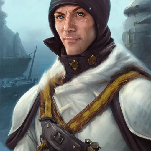 Prompt: grinning white male rogue on ship deck, naval background, fantasy, D&D 5e, 5th edition, portrait, highly detailed, digital painting, HD, artstation, concept art, matte, sharp focus, illustration, art by artgerm and greg rutkowski