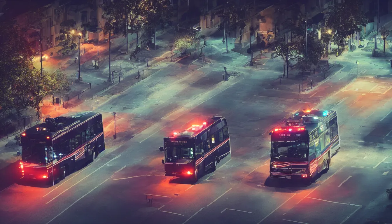 Prompt: Police Bus at night with lights on, photorealistic, cinematic