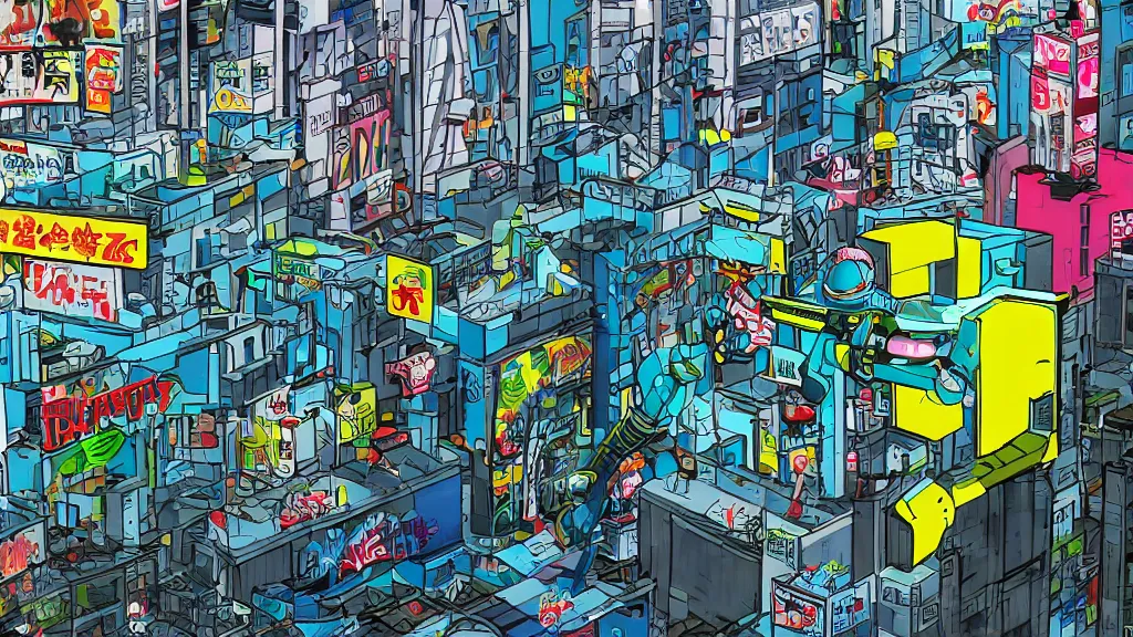 Image similar to y2k platform game, daytime, tokyo, robot, graffiti, city, cel shaded, jet set radio