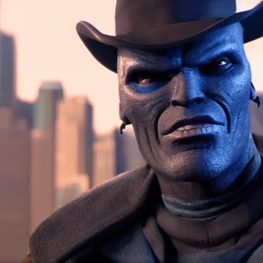 Image similar to cad bane in new york, clear photorealistic, movie still, beautiful lighting, 8 k