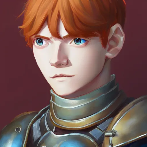 Image similar to portrait of a young redheaded man with blue eyes and wearing a armor, medieval background, highly detailed, digital painting, artstation, matte, by makoto shinkai, animation style, studio ghibli, anime key visual