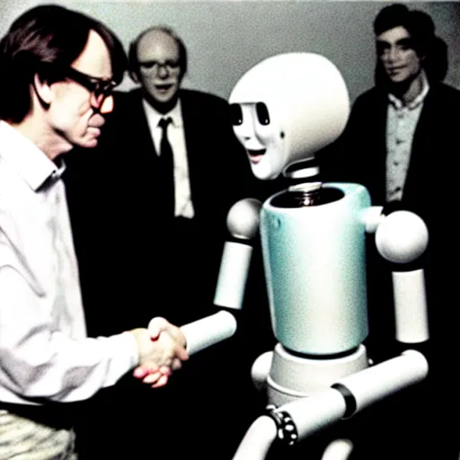 Prompt: Andy Warhol shaking hands with a robot