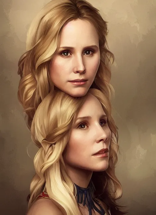 Prompt: beautiful portrait of alona tal and kristen bell, intricate, elegant, highly detailed, digital painting, artstation, concept art, smooth, sharp, focus, illustration, art by artgerm and greg rutkowski and alphonse mucha