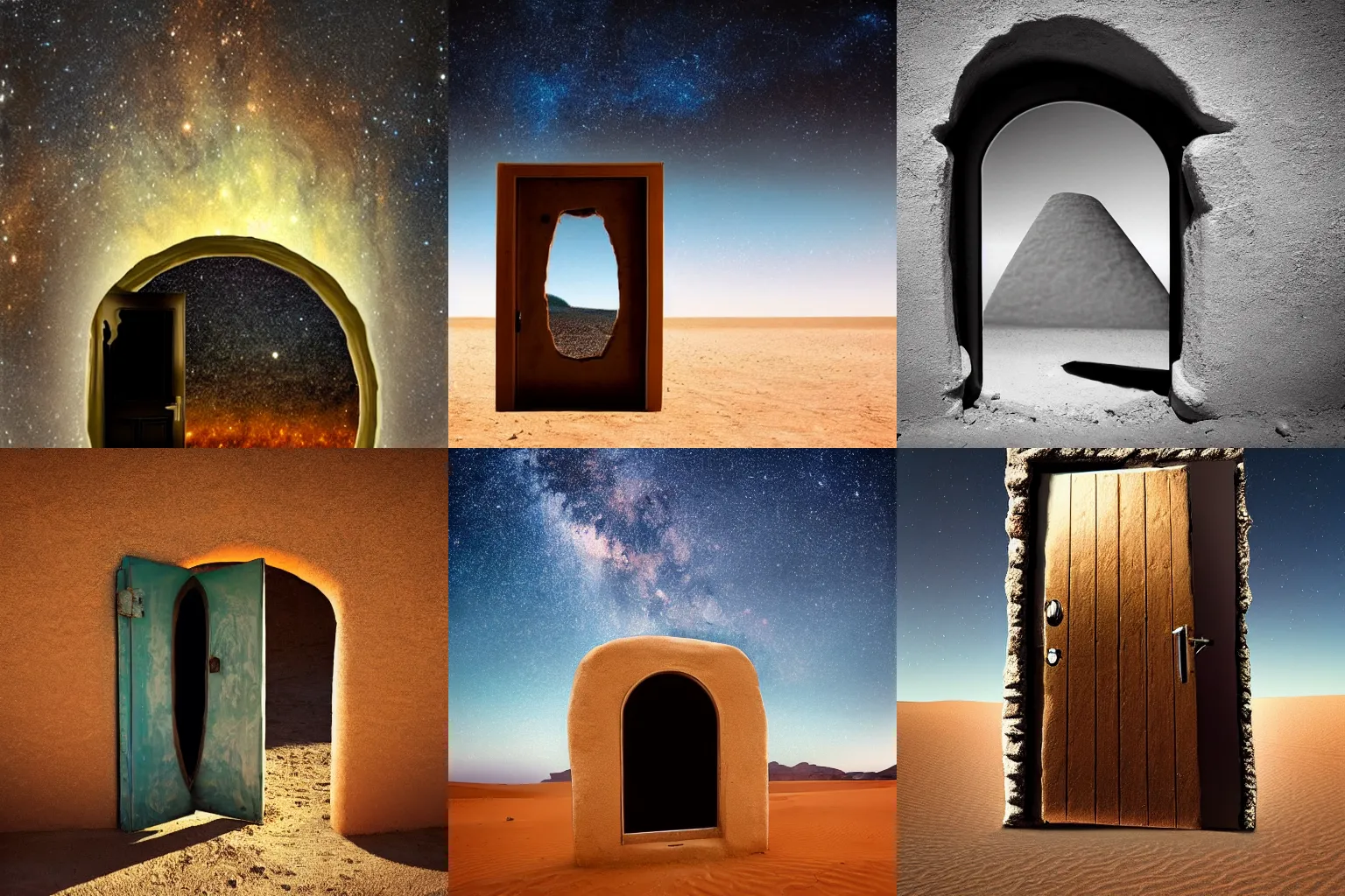 Prompt: surrealist doorway with milky way inside door, in middle of the desert