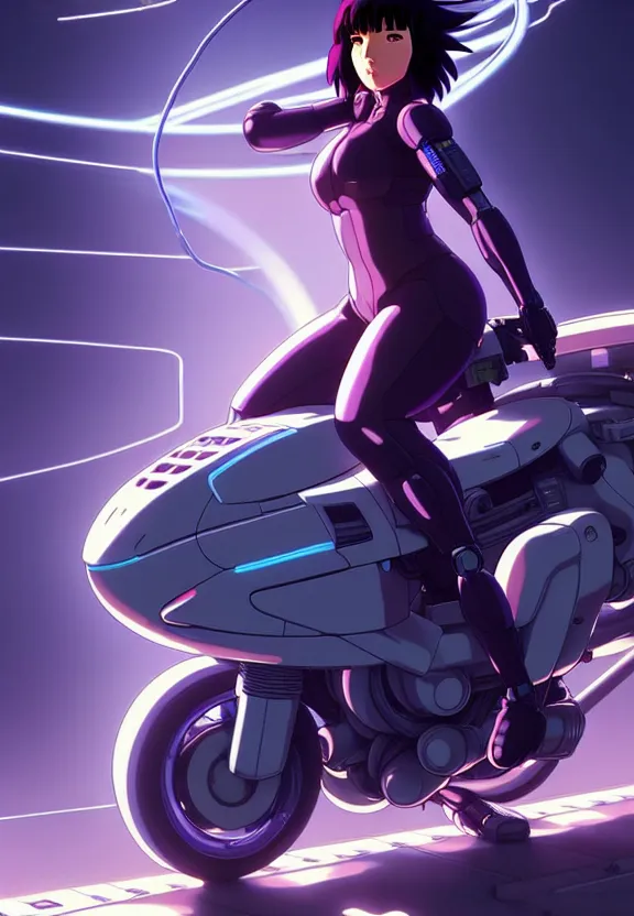 Image similar to a fullbody pose of motoko kusanagi riding a tachikoma, ghost in the shell : : connected to cables, under repairs, maintenance area, technicians : : by ilya kuvshinov, rossdraws, artgerm, sola digital arts, anti aliasing, raytracing : :