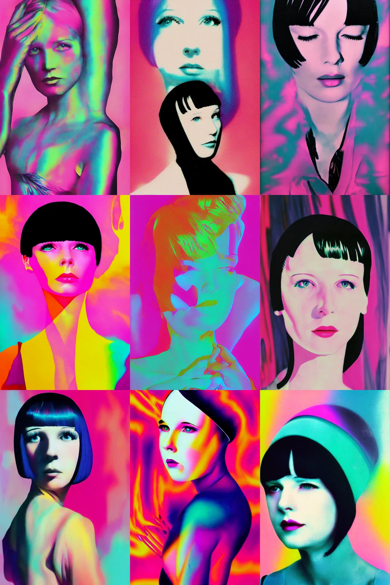 Prompt: portrait of mary louise brooks age 2 5, synthwave colours, op art, vapourwave, id magazine