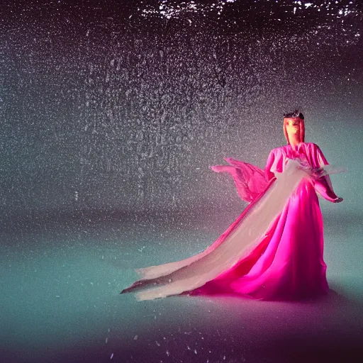 Prompt: medium format photograph of a surreal fashion shoot underwater with lightning strikes and neon fish