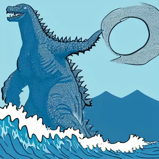 Image similar to a blue water wave in the silhouette shape of Godzilla, cartoon drawing