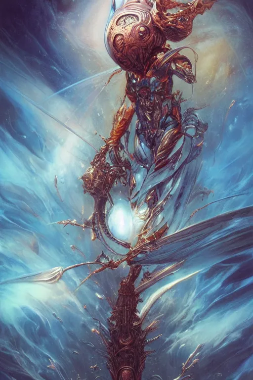 Image similar to now is the time to relaunch the dream weapon, by artgerm and yoshitaka amano and moebius and hr giger and zdislaw beksinski, hyperdetailed, surreal, dc comics, ornate, stunning, nebula, explosions in the sky, trending on artstation