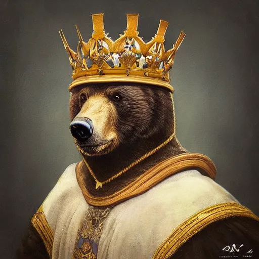 Image similar to “ an oil painting portrait of a bear wearing medieval royal robe and an ornate crown on a dark background ” digital art, concept art, highly detailed, 3 - d 4 k, trending on art station, award winning, mark brooks,