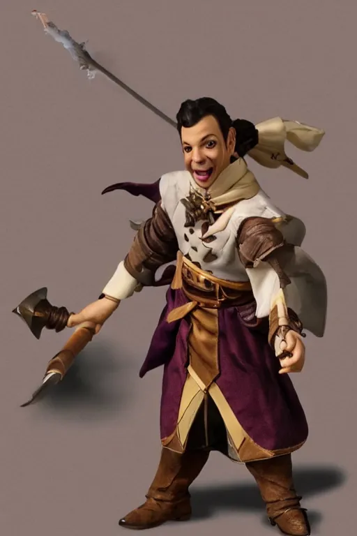 Image similar to Sam Riegel as Scanlan Shorthalt from Vox Machina, Halfling Bard, realistic cinematic shot, flipping you off using Bigby's Hand, subtle fog and mood lighting