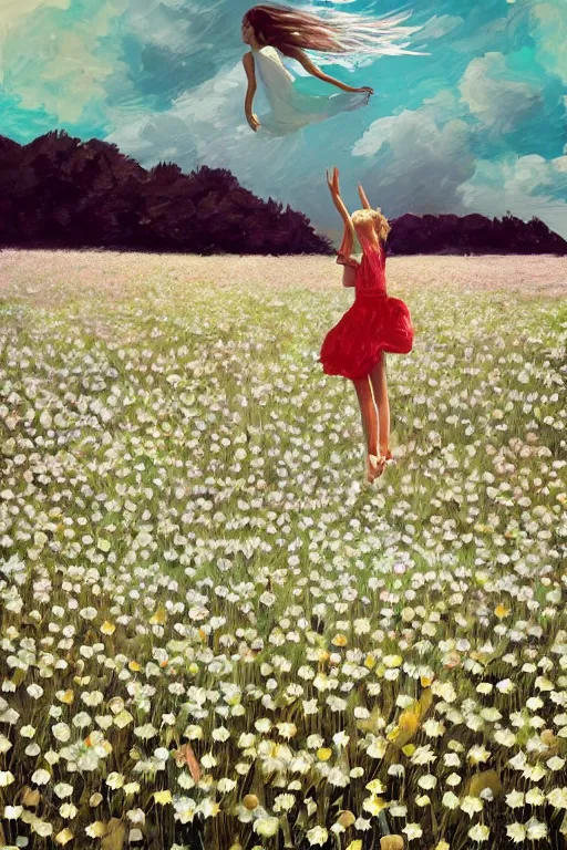 Image similar to giant white daisies flower as head, girl dancing in a flower field, surreal photography, sunrise, dramatic light, impressionist painting, colorful clouds, digital painting, artstation, simon stalenhag