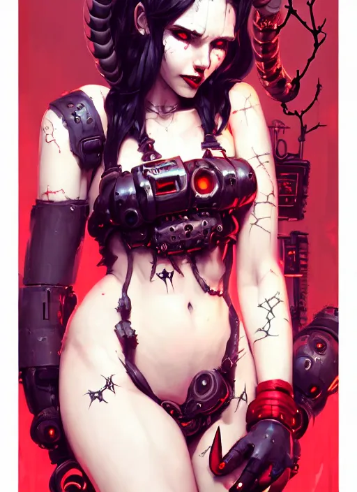 Image similar to portrait of cute cyborg succubus girl with crown of thorns and horns covered with runic tattoos, warhammer, cyberpunk by atey ghailan, by greg rutkowski, by greg tocchini, by james gilleard, by joe gb fenton, by in kaethe butcher, dynamic lighting, gradient light red, yellow, blonde cream and white color in scheme, grunge aesthetic