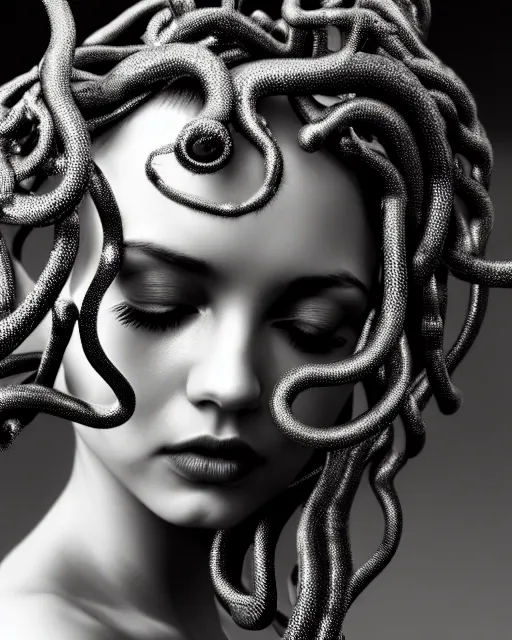 Image similar to surreal mythical dreamy artistic black and white fine art photo of a beautiful young female queen - medusa - cyborg covered with metal fish scales and translucent algae, highly detailed, intricate crystal ivy jelly fish scales ornate, poetic, octane render, 8 k, photo - realistic