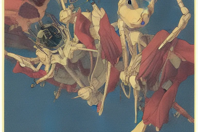 Image similar to gigantic dragonflies with human faces catch tiny robots, a lot of exotic mechas robots around, human heads everywhere, risograph by kawase hasui, dirtyrobot, edward hopper, satoshi kon and moebius, colorful flat surreal design, super - detailed, a lot of tiny details, fullshot