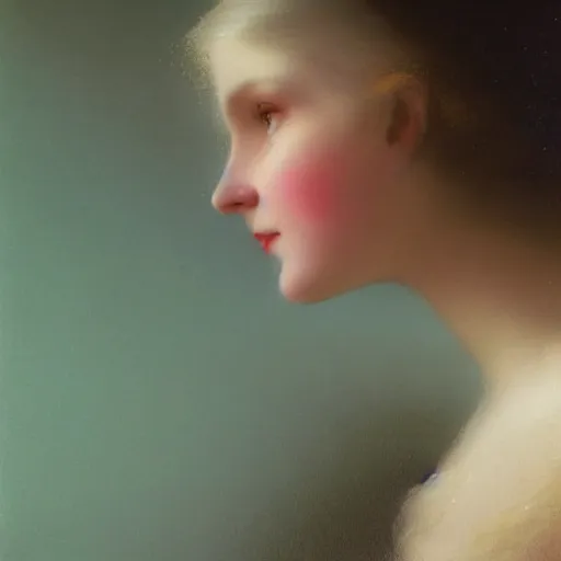 Image similar to a young woman's face, her hair is white and she wears a cobalt blue satin cloak, by ivan aivazovsky and syd mead and moebius and gaston bussiere and roger dean and pieter claesz and paul delaroche and alma tadema and aelbert cuyp and willem claesz, hyperrealistic, volumetric light, octane render