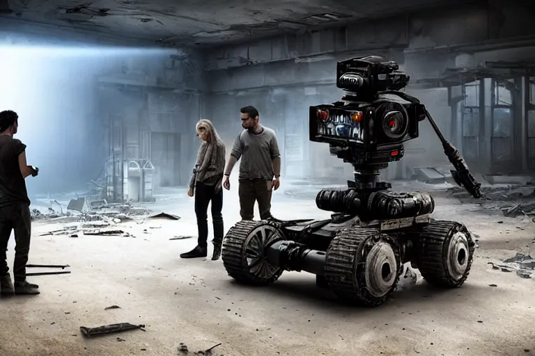 Image similar to vfx film, behind the scenes, on location, set design, m, making of, big film production, futuristic tesla robots, dilapidated war torn city, flat color profile low - key lighting award winning photography arri alexa cinematography, hyper real photorealistic cinematic, atmospheric cool colorgrade