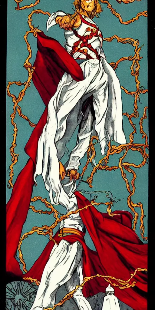 Prompt: tarot card of all powerful slim Magician, infinity, infitite potential, ourosboros, white robe, purity, red cloak, 80s movie poster, mighty hero, knowledge, table in front with a cup, pentacle, sword and wand – water, earth, air and fire, vines, roses, lillies, unlimited potential, flowers, fruition of ideas by frank frazzeta, brom, luis royo, Zdzisław Beksiński and thu berchs James Gurney unreal engine, Trending on artstation.