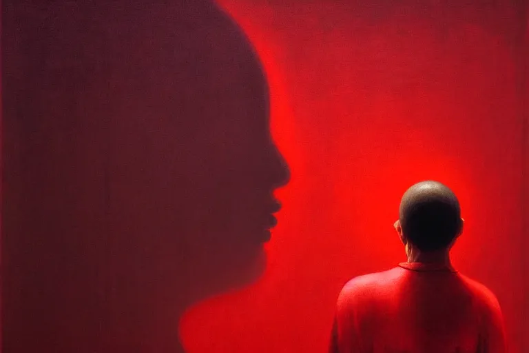 Image similar to only with red, netflix studios with workers at work, a big mickey mouse head in the middle, in the style of beksinski, parts by edward hopper, parts by rodcenko, parts by yue minjun, intricate and epic composition, red by caravaggio, insanely quality, highly detailed, masterpiece, red light, artstation, 4 k