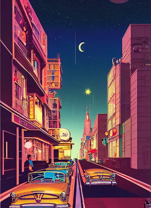 Prompt: 1 9 5 0 s street view retrofuturism at night by michael whelan and naomi okubo and dan mumford. cute 1 9 5 0 s astronauts. cel - shaded. bright paint