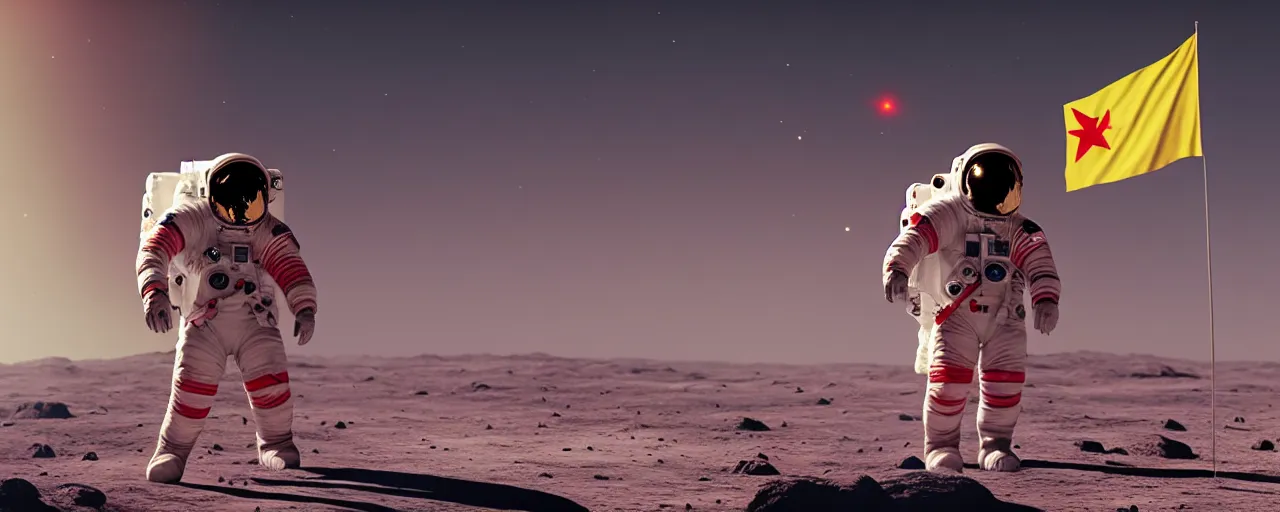 Prompt: an astronaut in red on white on yellow costume holding vietnam flag, standing on the moon, cinematic composition, concept art by greg rutkowski, cosmic background, octane render