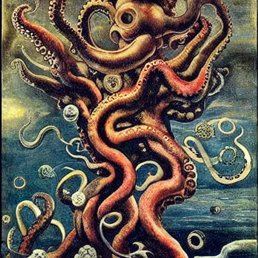 Prompt: Octopus Garden. El Greco, Remedios Varo, Salvador Dali, Carl Gustav Carus, John Atkinson Grimshaw. blues and pinks. Symetrical, logo, geometric shapes.