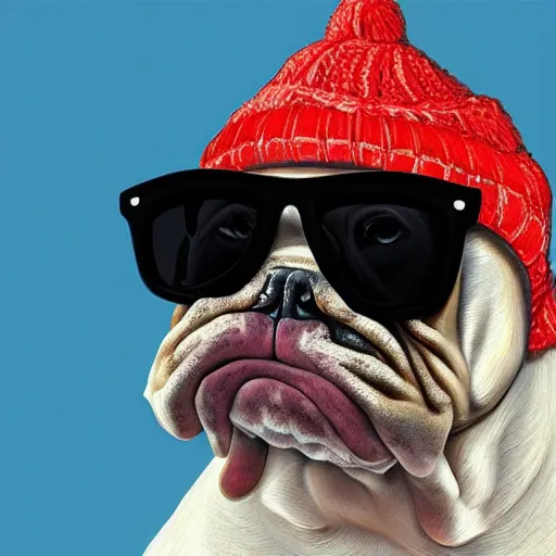 Prompt: close-up of a bulldog wearing a beanie and sunglasses, highly detailed, sharp focus, digital painting, artwork by Victor Adame Minguez + Yuumei + Tom Lovell + Sandro Botticelli