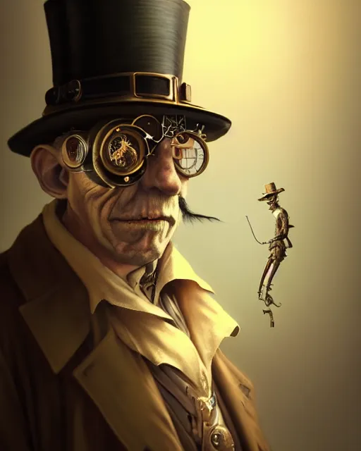 Image similar to steampunk old man portrait, handsome, steampunk hat, detective coat, steampunk monocle, hyper realistic 3 d render by ilya kuvshinov, peter mohrbacher, greg rutkowski, ryohei hase, dramatic lighting, intricate, highly detailed, sharp focus, luminous, unreal engine, blender, deviant art, masterpiece, ray tracing