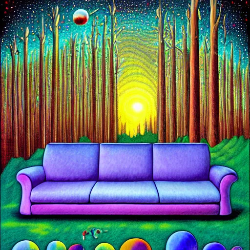 Image similar to psychedelic trippy couch pine forest, planets, milky way, sofa, cartoon by rob gonsalves