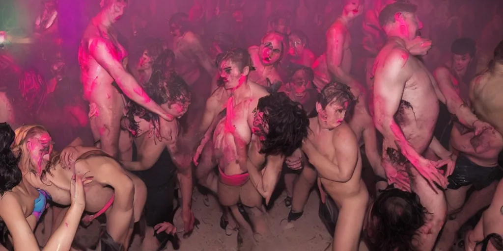 Prompt: a rave of flesh, melting, party, claustrophobic, ultra-realistic