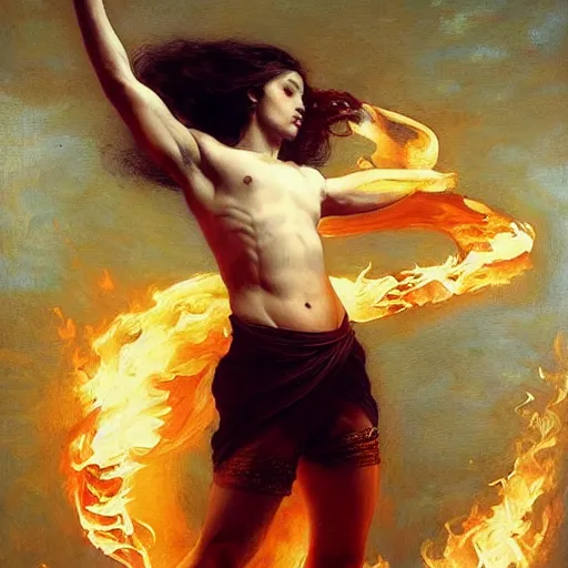 Image similar to epic masterpiece full body portrait a beautiful fire dancer with a beautiful face and flawless skin, white thighs, soft belly, perfectly formed body in motion, raining ashes, by Edgar Maxence and Ross Tran and Michael Whelan