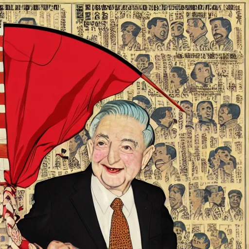 Image similar to george soros dressed as mao tse dong. where's wally, on a beach with beautiful girls, flying a kite, by goya