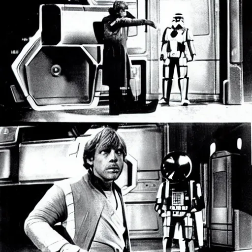 Image similar to Luke Skywalker attempts to stop the Death Star in the silent movie version of Star Wars (1921) by Fritz Lang, in front of a set reminiscent of Metropolis