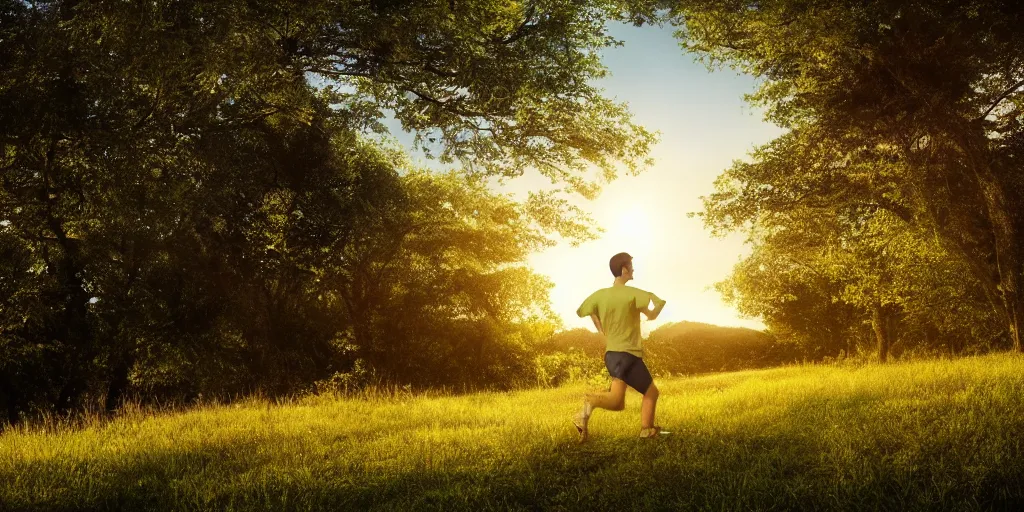 Image similar to A young man running through a lush green countryside, with the sun setting over the sea, trending on artstation, 4k, soft focus