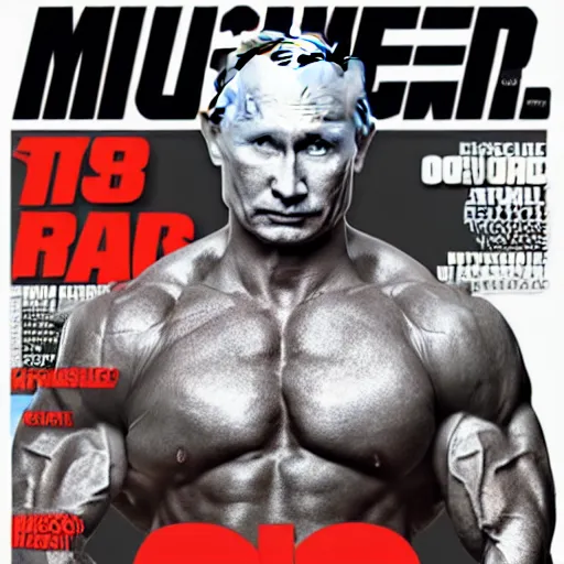 Prompt: vladimir putin on the cover of muscle and fitness, hyper realism, 8 k,